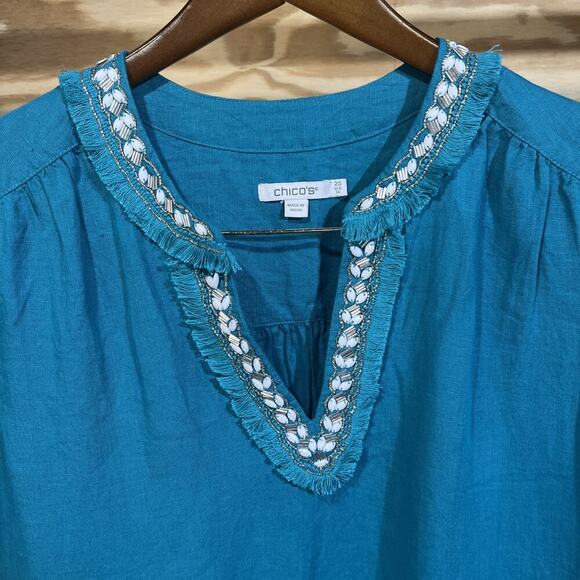 Chico's 100% Linen Embellished Cap Sleeve Dress Tiered Teal Green Midi Size 14 - Picture 3 of 12